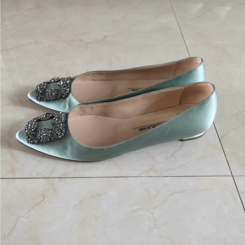 Manolo Blahnik
Hangisi Satin Flats with Embellished Buckle